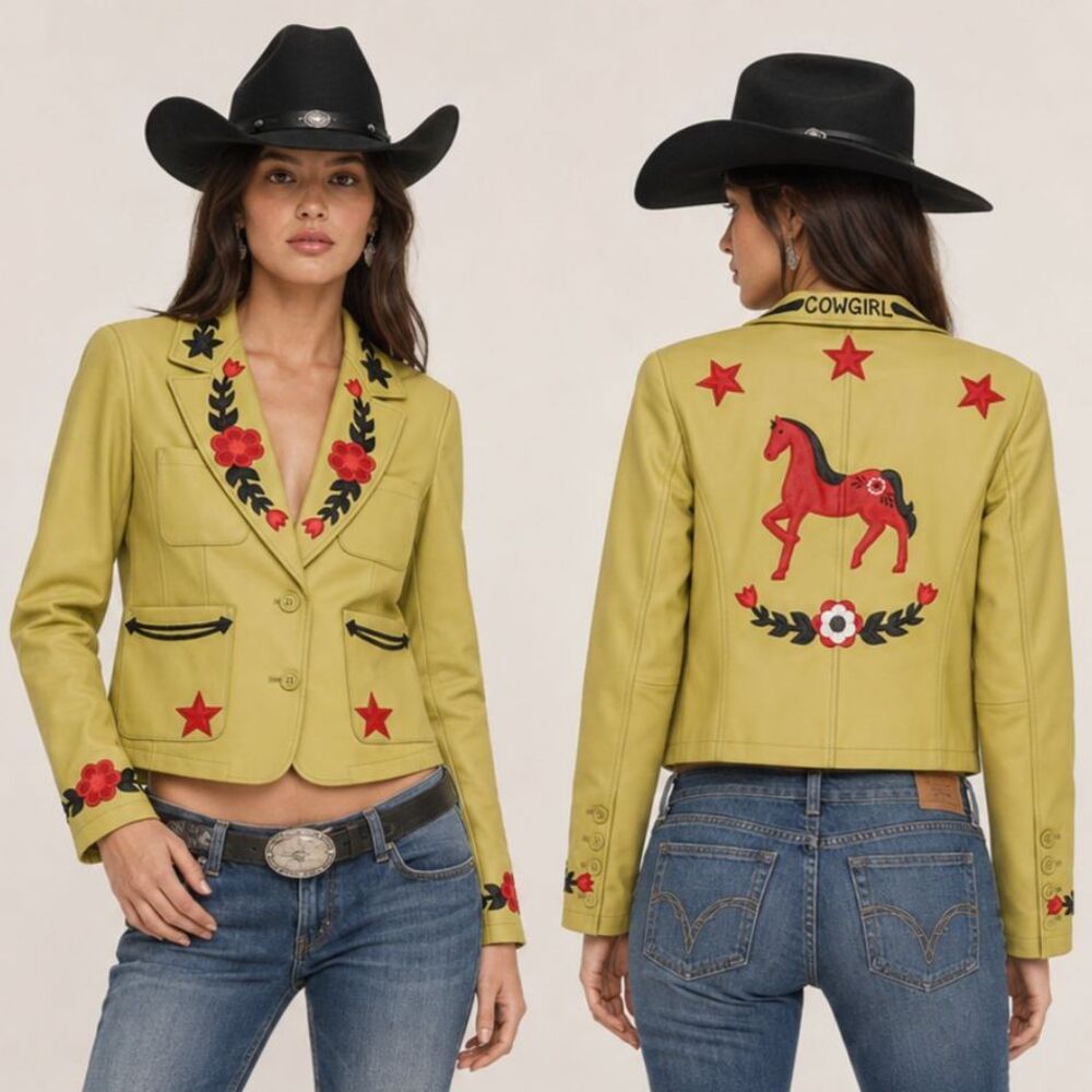 Vintage Yellow Leather Western Jacket Horse Floral Star Medium